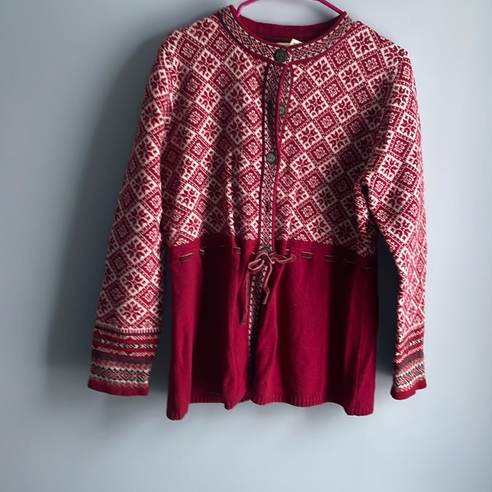 L.L. Bean Burgundy and Cream Geometric Cardigan